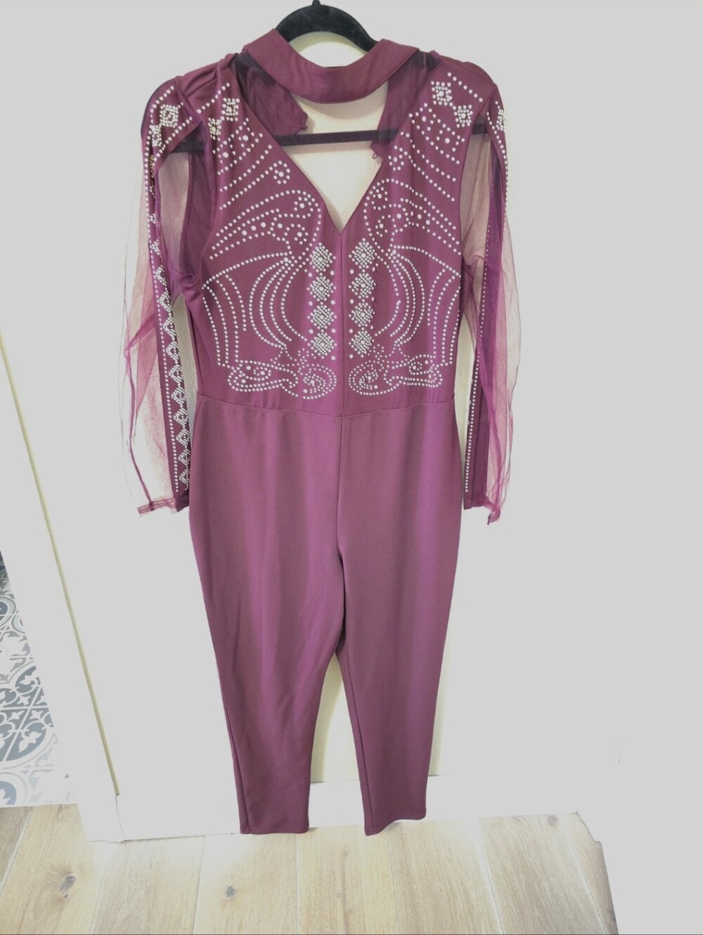 Iris Women's Bergundy  Embellished Jumpsuit with Sheer Sleeves